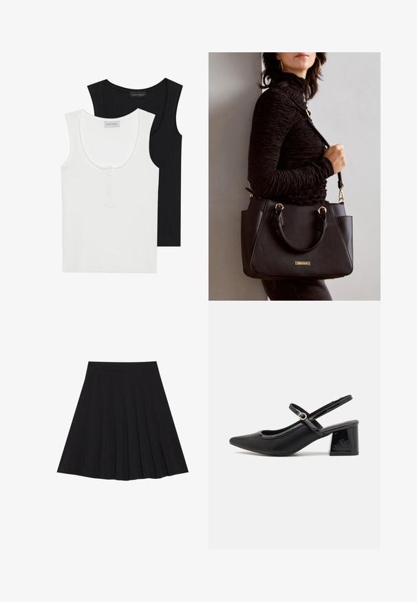 Two ribbed tank tops in black and white. White top features a round neck and three-button placket; both have wide shoulder straps.; Black pleated skirt made of textured fabric with a fitted waistband. Falls to knee length, featuring a smooth, clean silhouette.; Black patent leather slingback heels with a pointed toe, a rounded cutout design, and a block heel. Features a gold-tone buckle accent.; Black handbag with textured surface, dual top handles, and adjustable shoulder strap. Features gold-tone hardware and side pockets.