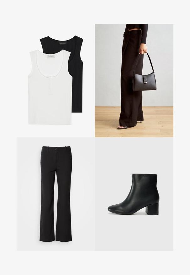 Dvě žebrované tílka v černé a bílé barvě. Bílé tílko má kulatý výstřih a tříknoflíkovou légu; obě mají široká ramínka.; Černé kalhoty z bavlněné směsi se střihem rovného nohavice, se zapínáním na knoflík vpředu a dvěma bočními kapsami. Hladká textura, žádné viditelné vzory.; Černé kožené kotníkové boty s špičatou špičkou a robustním podpatkem. Hladký povrch s minimálními akcenty a elegantním, přiléhavým designem.; Černá kabelka se strukturovaným tvarem, hladkým povrchem a kovovým uzávěrem. Kombinována s širokými černými kalhotami a sandály s otevřenou špičkou na dřevěné podlaze.