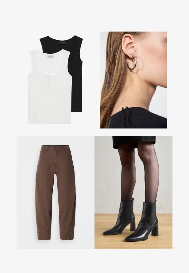 Zwei gerippte Tanktops in Schwarz und Weiß. Das weiße Top hat einen runden Ausschnitt und eine Dreiknopf-Leiste; beide haben breite Schulterträger.; Braune gerade geschnittene Hose mit vorderen Knopf und Reißverschluss, Gürtelschlaufen und Seitentaschen, dargestellt auf einem weißen Hintergrund.; Schwarze Leder-Ankle-Boots mit spitzer Zehenform, klobigem quadratischem Absatz und schlankem Design. Verfügt über elastische seitliche Einsätze für leichtes An- und Ausziehen.; Silberne Creolen mit polierter Oberfläche, die kleine goldene Akzentdetails und eine runde Form aufweisen, am Ohrläppchen getragen.