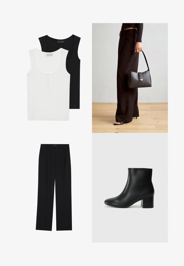 Dos camisetas de tirantes acanaladas en negro y blanco. La camiseta blanca tiene un cuello redondo y una tapeta de tres botones; ambas tienen tirantes anchos.; Pantalones negros con un diseño de pierna recta, que cuentan con dos bolsillos frontales y una cinturilla. Fabricados con una tela suave y ligera.; Botas de cuero negras hasta el tobillo con una punta afilada y un tacón grueso. Textura lisa con acentos mínimos y un diseño elegante y ajustado.; Bolso negro con forma estructurada, textura suave y un cierre metálico. Combinado con pantalones anchos negros y sandalias de dedo en un suelo de madera.