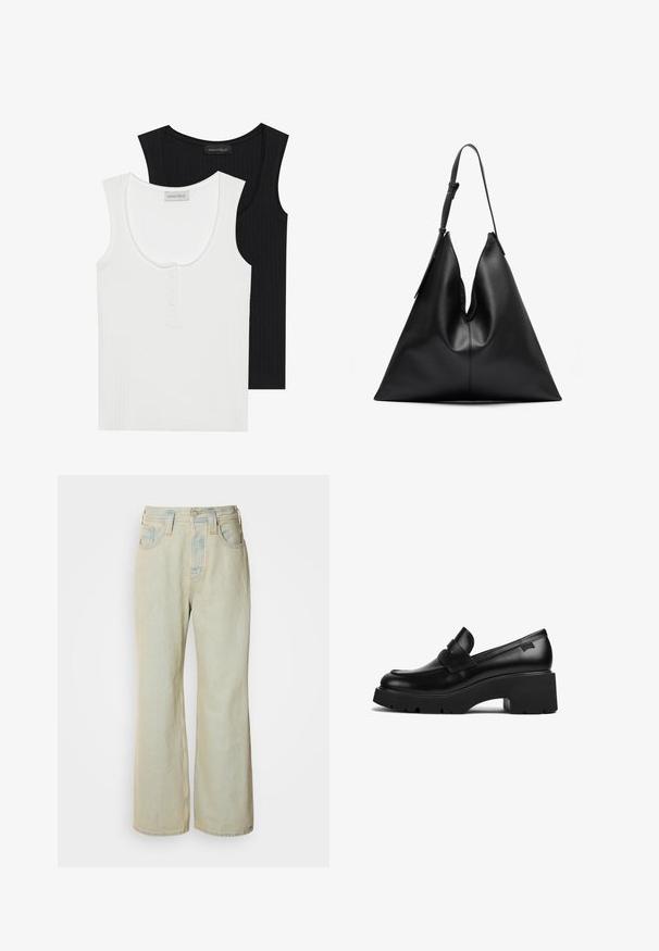 Divi riboti topi melnā un baltā krāsā. Baltais tops ir ar apaļu dekoltē un trīs pogu apdari; abiem ir plaši plecu siksnas.; Gaiši zili platā kāja džinsi, kas izgatavoti no denima, ar augstu jostasvietu, piecām kabatām un maigu izbalēšanu ar kontrastējošām šuvēm.; Melnas ādas chunky papēža loafers ar biezu zoli un siksniņas detaļu pāri augšai, attēlots no sāna uz baltas fona.; Melna ādas trīsstūra formas rokassoma ar vienu regulējamu plecu siksnu un mīkstu, nedaudz sagrūstu struktūru.; Zelta riņķveida auskari ar tekstūru un neregulāru formu. Iekļauj bezšuvju aizdari un pulētu virsmas apdari, uzsverot mūsdienīgu dizainu.