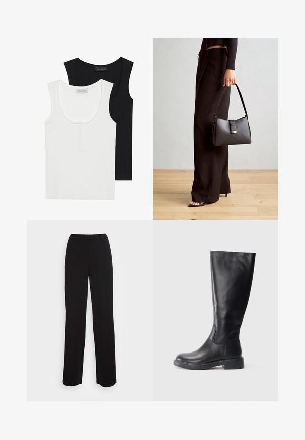 Must have ribbitopid mustikast ja valgest. Valge topp on ringkaela ja kolme nööbiga; mõlemal on lai õlavarre rihmad.; Mustad mustad püksid sirge lõikega, sile tekstuur ja hästi istuv vöökoht. Omavad esi-taskuid ja minimaalset õmblusdetaili.; Kõrge must nahkking, millel on madal kand ja ümar nina, külgvaates valgel taustal.; Must musta kott, millel on struktureeritud kuju, sile tekstuur ja metallist klamber. Kombineeritud laiate mustade pükstega ja avatud varvaste sandaalidega puidust põrandal.