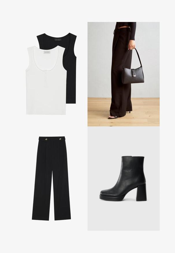 Zwei gerippte Tanktops in Schwarz und Weiß. Das weiße Top hat einen runden Ausschnitt und eine Dreiknopf-Leiste; beide haben breite Schulterträger.; Schwarze weite Hosen mit hoher Taille, Knopfdetails am Bund und vorderen Falten.; Schwarze Leder-Stiefelette mit Blockabsatz und Plattformsohle, seitlich auf einem schlichten weißen Hintergrund betrachtet.; Schwarze Handtasche mit strukturierter Form, glatter Textur und einem metallischen Verschluss. Kombiniert mit weiten schwarzen Hosen und offenen Sandalen auf einem Holzboden.