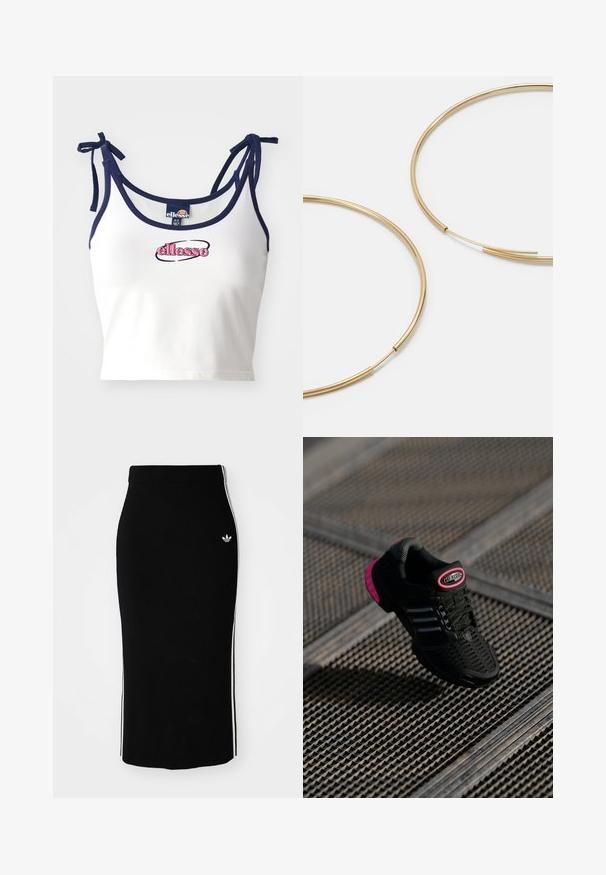 Hvid kort top med marineblå stropper, med det broderede logo "ellesse" i pink. Glat stof, justerbare knytninger ved skuldrene.; Sort ribbet midi-nederdel med en tætsiddende design, der har hvide sidelister og et lille hvidt emblem på venstre side.; Sort sportssko med mesh-overdel, lyserøde accenter og sorte stribede detaljer. Har en tekstureret ydersål og et logo på hælen.; Guldfarvede hoops øreringe, tynde og runde i formen, med en glat metallisk finish uden udsmykninger eller mønstre.