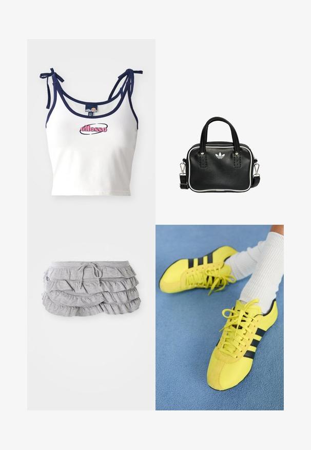 Hvid kort top med marineblå stropper, med det broderede logo "ellesse" i pink. Glat stof, justerbare knytninger ved skuldrene.; Grå flæsekørt med lagdelt stofdesign, snøre i taljen, blød struktur, færdigkantede kanter og svajende flæser.; Lys gule atletiksko med sorte striber og snørebånd; har en struktureret overdel og suedefornum. Brugt med hvide ribbede sokker.; Sort læderhandtaske med to korte håndtag, sølvhardware, hvide accenter og et hvidt logo. Har en struktureret overflade og et kompakt design.