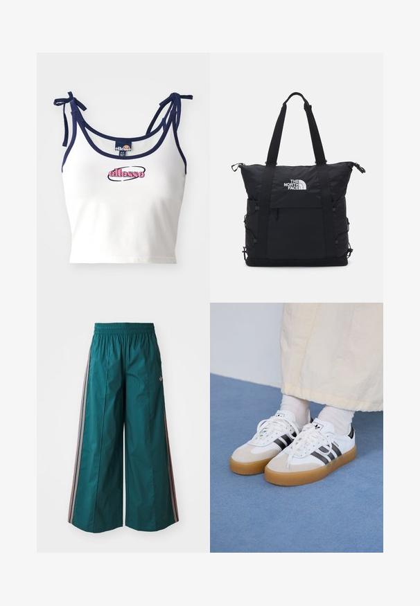 Weißes Cropped-Top mit marineblauen Trägern, ausgestattet mit dem bestickten Logo "ellesse" in Pink. Glattes Material, verstellbare Bindebänder an den Schultern.; Türkise weit geschnittene Hose mit elastischem Bund, die seitliche gestreifte Akzente in Pink und Weiß aufweist und aus leichtem Stoff gefertigt ist.; Weiße Sneaker mit schwarzen Streifen und beigen Wildlederakzenten. Besitzen eine strukturierte Gummisohle und flache weiße Schnürsenkel, getragen mit hellen Socken.; Schwarze Tragetasche mit gepolstertem Design, oberen Reißverschluss, zwei kurzen Griffen und Logo auf der Vorderseite; verfügt über Seitentaschen und verstellbare Riemen.