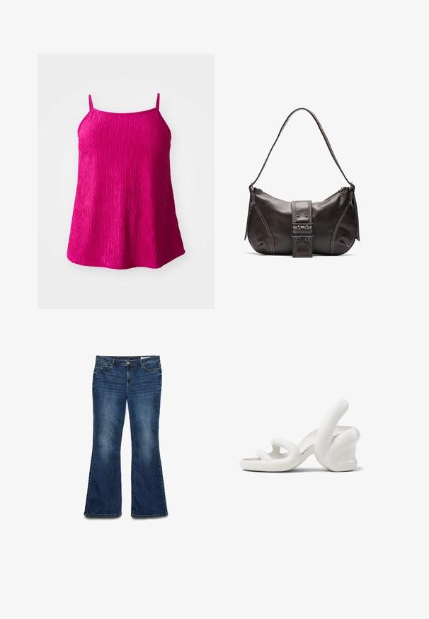 Top senza maniche fucsia con spalline sottili, realizzato in tessuto testurizzato con motivi a righe verticali; vestibilità ampia con orlo arrotondato.; Camicia a maniche lunghe, leggera, con motivo a strisce tigre beige e nere, con chiusura a bottoni e polsini annodabili per una vestibilità regolabile.; Jeans in denim blu con gamba a zampa d'elefante, finitura lavaggio medio, dotati di cinque tasche, chiusura con bottone frontale e dettagli cuciti lungo le cuciture.; Sandali con tacco alto bianchi e scultorei, caratterizzati da un design ondulato, una superficie liscia e un tacco chunky a forma di mano.; Borsa a spalla in pelle marrone con una forma curvata, caratterizzata da un evidente dettaglio a fibbia, cuciture a contrasto e una sola tracolla.; Orecchini a cerchio d'oro con un design sottile e a cerchio aperto. Texture liscia con una finitura lucida, senza decorazioni o motivi.