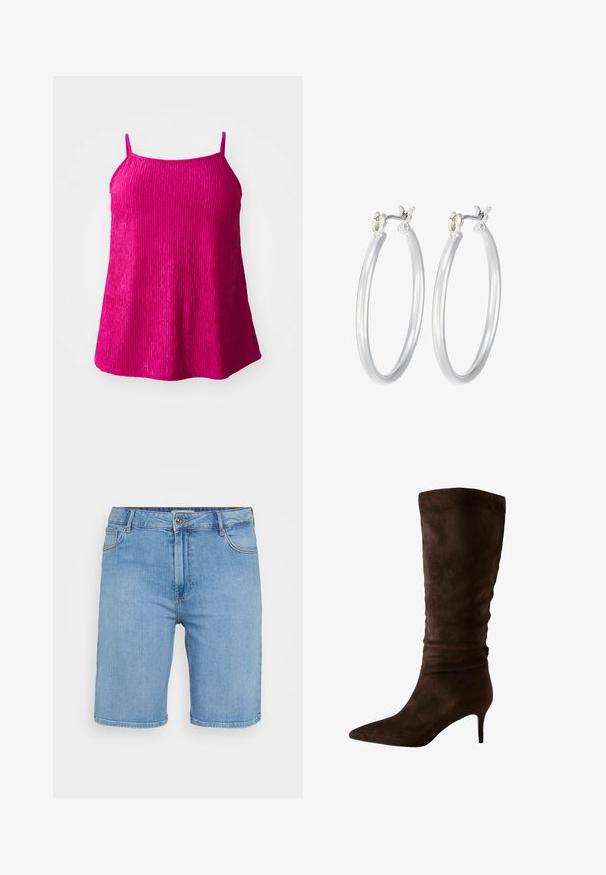 Fuchsia mouwloze top met dunne bandjes, gemaakt van een textuurstof met verticale ribbels; losse pasvorm met een ronde zoom.; Lichtblauwe denim shorts met een klassieke snit, voorzien van een knoopsluiting aan de voorkant, riemlussen en twee zijzakken. Gladde textuur en rechte zoom.; Bruine suede laarzen tot de knie met een spitse neus en een slanke hak. Het ontwerp heeft een geplooide textuur nabij de bovenrand voor extra detail.; Zilveren oorbellen in de vorm van een gladde, gepolijste ring. Ronde vorm met een veilige kliksluiting. Lichtgewicht ontwerp, geschikt voor dagelijks gebruik.