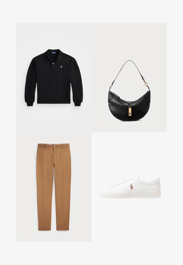 Sudadera de polo de algodón negro con mangas largas, puños acanalados y una tapeta de tres botones. Presenta un pequeño logo blanco en el pecho.; Pantalones de algodón marrón con un diseño ajustado, parte delantera plana y bolsillos estándar; textura suave y puños dobladillos.; Zapatillas de cuero blancas, diseño de corte bajo, con una textura suave, puntera redonda, cordones en la parte delantera y un pequeño logo bordado en el lateral.; Bolso de cuero negro en forma de media luna. Presenta un acento de hardware dorado y una correa estrecha. Textura suave, cierre de cremallera en la parte superior.
