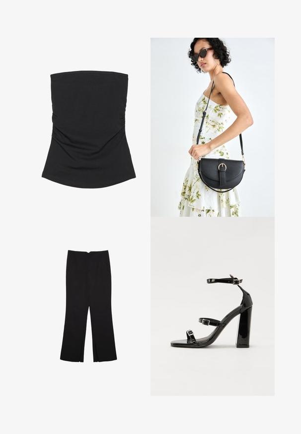 Czarny top bez ramiączek wykonany z lekkiej, gładkiej tkaniny. Posiada marszczone detale po bokach oraz zaokrąglony dół. Idealny do codziennego noszenia.; Czarne spodnie o prostym kroju, z przednimi kieszeniami i bocznymi rozcięciami na dole. Wykonane z miękkiego, gładkiego materiału. Odpowiednie na różne okazje.; Czarne lakierowane sandały na obcasie z kwadratowym noskiem, z paskami wokół kostki i srebrnymi klamrami. Posiadają masywny słupek dla stabilności.; Czarna skórzana torebka o zakrzywionym kształcie, z odpinanym paskiem i złotymi akcentami. Torebka posiada klapę z zapięciem w kształcie klamry.
