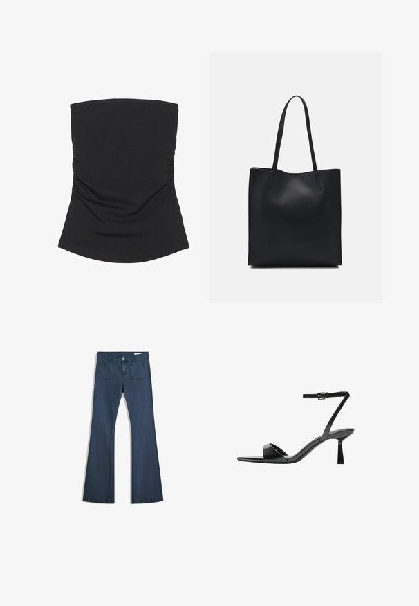 Čierny top bez ramienok vyrobený z ľahkej, hladkej tkaniny. Obsahuje zhrnuté bočné detaily a zakrivený lem. Vhodný na neformálne nosenie.; Tmavomodré zvonové džínsy s prešitými vreckami, zapínaním na gombík a hladkou textúrou. Obsahujú klasický dizajn s piatimi vreckami.; Bershka Sandále na vysokom opätku - black; Čierna kožená taška na rameno s hladkým povrchom, obdĺžnikovým tvarom a dvoma dlhými uchami. Bez viditeľného kovania alebo ozdôb.