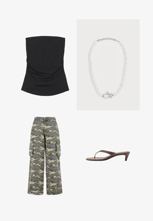 Črni brezramni top, izdelan iz lahkotne in gladke tkanine. Ima nagubane podrobnosti na straneh in ukrivljen rob. Primeren za vsakodnevno nošenje.; Cargo hlače v zeleni in bež kamuflažnem vzorcu, s sproščenim krojem, dvema stranskima žepoma in rožnatim poudarkom na nogi.; Rjava natikača na peto s tankim trakom in zaobljenim prstom, ki ima majhen zlat poudarek na podplatu.; Bela perla ogrlica z raznolikimi oblikami in velikostmi, s srebrno zaponko za zapiranje. Gladka tekstura z sijočim končnim obdelavo.