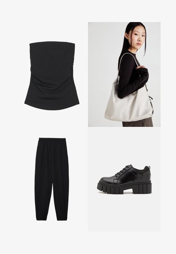 Black strapless top made from lightweight, smooth fabric. Features gathered side detailing and a curved hemline. Suitable for casual wear.; Black, lightweight pants with an elastic waistband and gathered ankles. The fabric is smooth and features a relaxed, tapered design.; Black leather platform shoes with a chunky block heel, round toe, and traditional lace-up design. Features smooth texture and minimal detailing.; Beige handbag made of soft material, featuring a slouchy design, stitched detailing, and two shoulder straps. Suitable for everyday use.