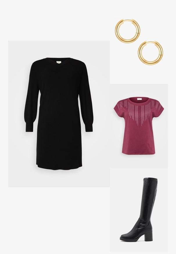 ONLY Carmakoma CARLULA O NECK RHINESTONE - Tričko s potlačou - burgundy; Čierne pletené šaty s výstrihom do V, dlhými balónovými rukávmi a rebrovanými manžetami. Jednoduchý dizajn s rovným strihom, dĺžka po kolená.; Čierne čižmy po kolená vyrobené z hladkej kože s masívnym podpätkom a zaoblenou špičkou. Majú bezšvový dizajn a jemné prešívanie.; Zlaté kruhové náušnice so zdvojeným dizajnom. Hladký, lesklý povrch s bezproblémovým uzatváracím mechanizmom. Okrúhly tvar s moderným vzhľadom.