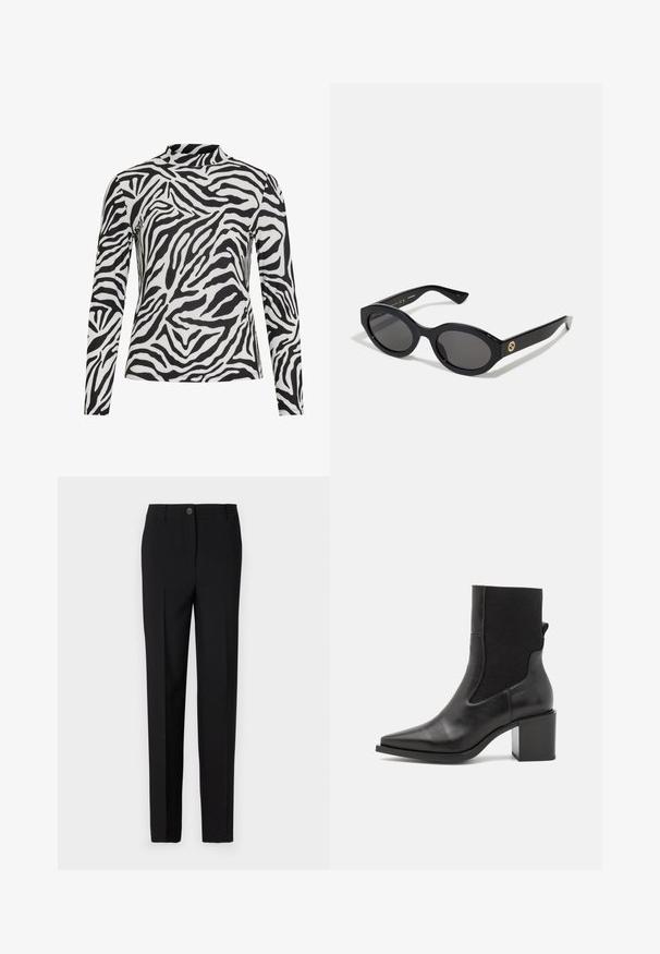 Hosszú ujjú felső, fekete-fehér zebra csíkos mintával, puha anyagból készült, magas gallérral és testhezálló fazonnal.; Fekete, egyenes lábú, szabott nadrág, gombos záródással és övhurkokkal, sima anyagból készült.; Fekete bokacsizma hegyes orral, sima bőrből és elasztikus szövetből készült. Tömör sarokkal és minimalista dizájnnal rendelkezik.; Fekete ovális napszemüveg sötét lencsékkel és fényes műanyag kerettel. Aranyszínű logóval rendelkezik a szárán, amely elegáns és modern megjelenést biztosít.; Kék, mintás, szövetből készült kézitáska, ívelt formával, fekete bőr pánttal és világosabb árnyalatú logóval.
