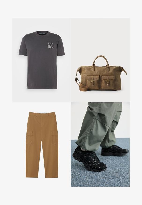 Tumši pelēkās krāsas kokvilnas T-krekls ar īsām piedurknēm, apaļu kaklu un priekšpusi ar uzrakstu "MARC O'POLO DENIM" baltā krāsā. Gluda tekstūra, brīva piegriezuma forma.; Ceri brūni cargo bikses ar divām sānu kabatām, plakanu priekšpusi un taisnu kāju griezumu. Izgatavotas no izturīgas auduma ar gludu tekstūru.; Melni sporta apavi ar spīdīgu un sieta tekstūru, ar biezu zoli un auklām, kombinēti ar brīvām olīvzaļām kravas biksēm.; Brūns ādas ceļojumu soma ar diviem priekšējiem kabatām, regulējamu plecu siksnu, zelta detaļām un stingrām augšējām rokturiem. Gluda tekstūra.
