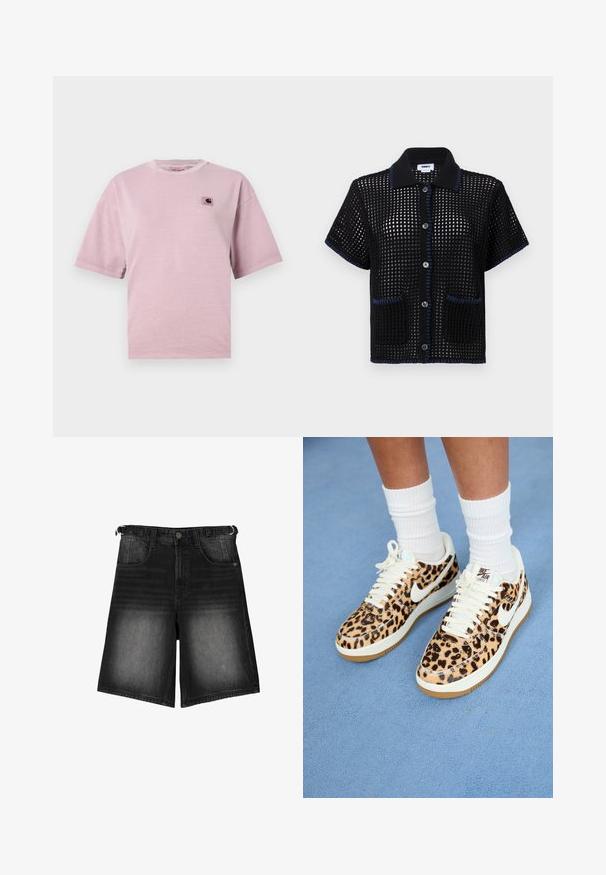 Világos rózsaszín, rövid ujjú póló, puha anyagból készült, bal mellrészén egy kis négyzet alakú logóval és kerek nyakkivágással.; Fekete kötött, rövid ujjú póló, hálós mintával, kék díszítéssel a gallér és a zseb szélein, elöl gombokkal.; Fekete farmer rövidnadrág, amely elhalványult megjelenésű, öt zsebbel, gombos záródással és övhurkokkal rendelkezik. Az anyag sima tapintású.; Leopárd mintás Nike Air Force 1 tornacipő fehér fűzőkkel és pipa logóval, bézs gumi talppal és texturált felső résszel. Fehér crew zoknik láthatók.