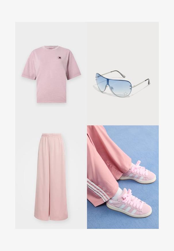 Light pink short-sleeve t-shirt made of soft fabric, featuring a small square logo patch on the left chest area and a crew neck design.; Light pink wide-leg pants with an elastic waistband. Smooth fabric with side pockets and subtle branding on the left leg.; Pink athletic shoes with light blue stripes, round toe, and thick pink laces, paired with pink track pants featuring white side stripes.; Aviator sunglasses featuring a gradient blue lens, silver metal frame, and decorative star accents on the lens. Smooth and sleek design.