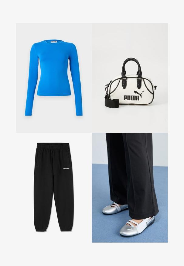 Top de manga comprida azul em tecido elástico. Apresenta um decote redondo e uma silhueta ajustada. Textura suave com detalhes de costura mínimos.; Calças de sweats pretas feitas de tecido suave, com uma cintura elástica ajustável, pernas ajustadas e bolsos laterais. Logótipo "PEGADOR" em branco na parte da frente.; Sapatos planos prateados e brancos com tiras cruzadas e detalhes texturizados, complementados por calças pretas soltas. Colocados sobre um chão azul.; Bolsa branca com detalhes em preto, apresentando o logótipo da Puma. Alças curtas e arredondadas e uma alça removível, feita de material sintético texturizado.