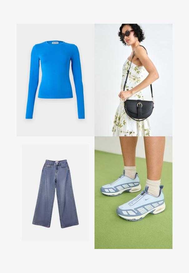 Langermet blå topp i elastisk stoff. Har rund hals og tettsittende silhuett. Glatt tekstur med minimale sømdetaljer.; Bredde ben jeans i lys blå vask, med høy livhøyde, frontlommer og knappelukking med beltehemper.; Lyseblå treningssko med hvite detaljer, strukturerte paneler og glidelås. Har en synlig luftputesåle og gummisåle.; Svart lærveske med en buet form, avtagbar stropp og gullbeslag. Vesken har et klaff med spenne-detall.