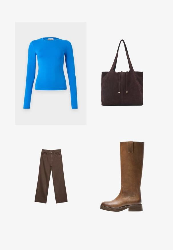 Langärmliges blaues Oberteil aus dehnbarem Material. Es verfügt über einen Rundhalsausschnitt und eine enganliegende Silhouette. Glatte Textur mit minimalen Nähdetails.; Weite braune Jeans aus Denim, mit hoher Taille, Fronttaschen und klassischem Knopfverschluss. Glatte Textur mit feinen Nähten.; Braunes Leder-Knöchelhochstiefel mit abgerundetem Zeh, strukturiertem Obermaterial und niedrigem, gestapeltem Absatz. Verfügt über ein seitliches Einsätzen und eine Ziehschlaufe an der Oberseite.; Mango Shopping Bag - dark brown