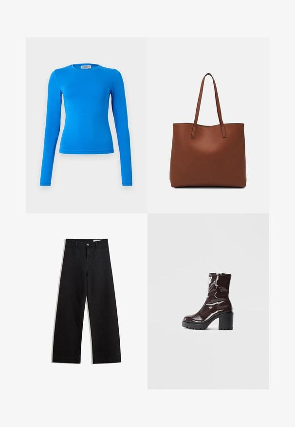 Langärmliges blaues Oberteil aus dehnbarem Material. Es verfügt über einen Rundhalsausschnitt und eine enganliegende Silhouette. Glatte Textur mit minimalen Nähdetails.; Schwarze weit geschnittene Jeans mit hoher Taille, ausgestattet mit Vorder- und Hintertaschen, gesteppten Nähten und einem Knopfverschluss. Glatte Textur.; Glatte bordeauxrote Ankle Boots mit einem klobigen schwarzen Absatz, die eine glatte Oberfläche und ein einfaches Design aufweisen. Keine sichtbaren Verschlüsse oder Muster.; Braune Leder-Tote mit glatter Textur, offenem Oberteil und zwei Schulterriemen. Verfügt über minimale Nähte und keine sichtbaren Beschläge.