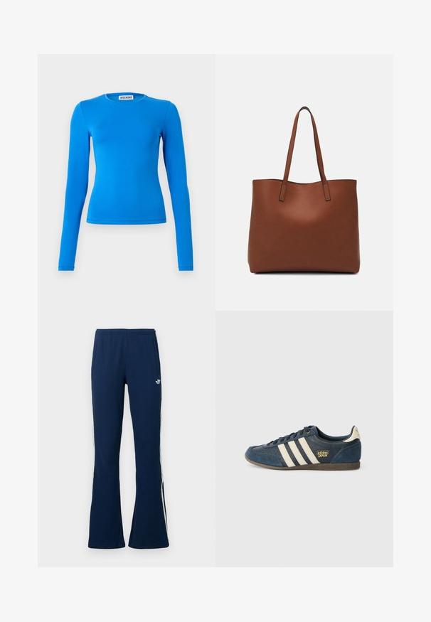 Long-sleeve blue top in stretchy fabric. Features a round neck and fitted silhouette. Smooth texture with minimal stitching details.; Navy blue ribbed flared track pants with white side stripes and an embroidered logo on the left side, featuring two side pockets.; Navy blue suede sneaker with cream stripes, textured toe area, golden "adidas JAPAN" logo, and a brown rubber sole. Classic low-top design.; Brown leather tote bag with a smooth texture, open top design, and two shoulder straps. Features minimal stitching and no visible hardware.