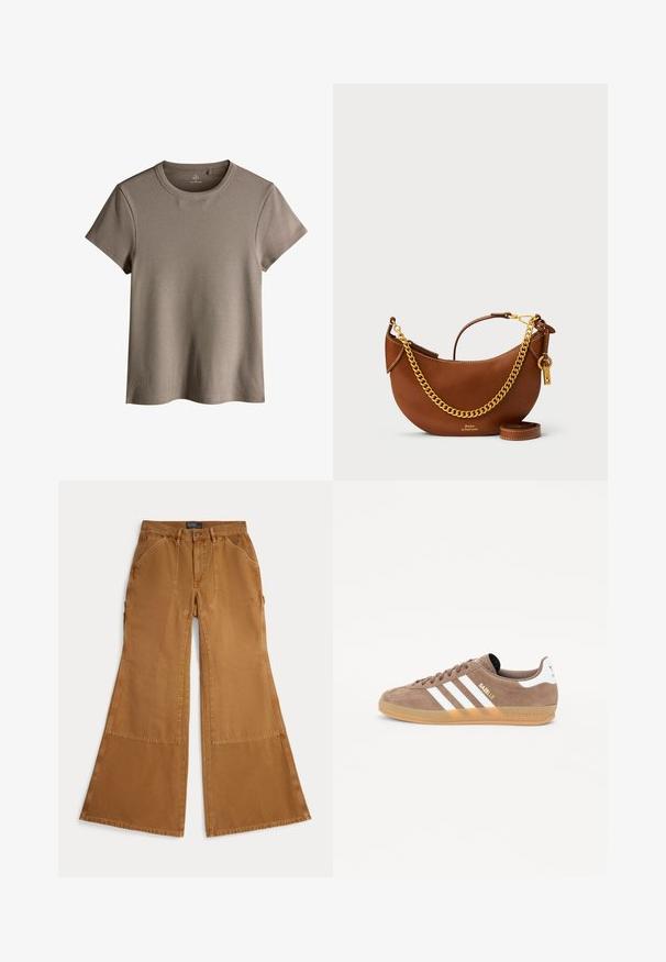 Kergelt pruun ribatud lühikeste varrukatega T-särk ümmarguse kaelusega, millel on mugav lõige ja pehme tekstuur.; Pruunid laia säärtega püksid, valmistatud puuvillast, millel on lapitöödetailid, nööpidega kinnitussüsteem ja esiküljel kaldus taskud. Sile tekstuur, vabaaja disain.; Pruun nubukist tennis mismug kolme valge riba, kuldse "Gazelle" logoga ja kummiseguse tallaga. Omab pehmendatud keelt ja kannaosa mugavuse tagamiseks.; Pruun nahast käekott kaarjate joontega, kullast ketirihm, sisemine tasku ja eemaldatav õlarihm. Omab kontrastset õmblust.
