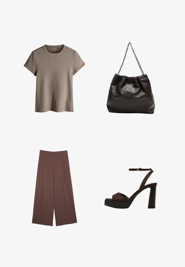 Jasnobrązowa, prążkowana koszulka z krótkim rękawem, okrągłym dekoltem oraz luźnym krojem i miękką teksturą.; Brązowe spodnie o szerokich nogawkach z gładką fakturą, z wysokim stanem i plisami z przodu. Materiał jest lekki i luźno opada.; Brązowe zamszowe sandały na wysokim obcasie z odkrytymi palcami, regulowanym paskiem na kostce i paskowatą podeszwą.; Brązowa skórzana torba z marszczonym szczytem i łańcuszkowym paskiem. Gładka tekstura z błyszczącym wykończeniem i subtelnymi detalami szwów po bokach.