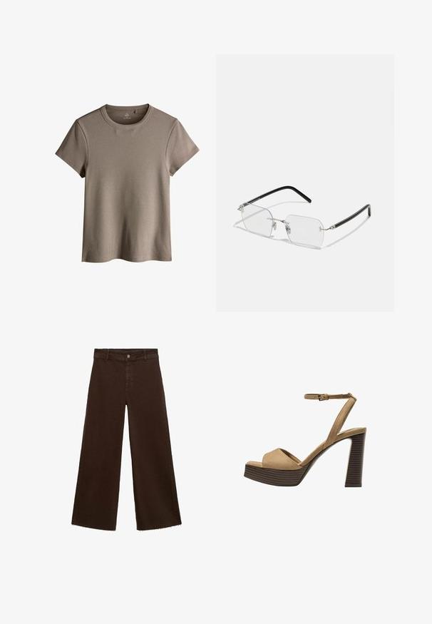 Svetlo rjav rebrast kratkotrajni majica s kratkimi rokavi in okroglo ovratnikom, ki se ponaša s sproščenim krojem in mehko teksturo.; Rjave široke hlače iz mešanice bombaža, z raztrganim robom, sprednjim gumbom in klasičnim dizajnom s petimi žepi. Minimalistične in vsestranske.; Bež semiš sandali na visoki peti z širokim sprednjim trakom in trakom okoli gležnja, opremljeni z debelim lesenim blokom peto z teksturirano površino.; Tom Ford BLUE LIGHT UNISEX - Očala s filtrom modre svetlobe - shiny palladium
