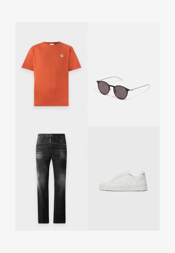 T-shirt de algodão em laranja queimado, corte padrão, decote redondo, mangas curtas, com um pequeno logotipo redondo branco no peito.; Jeans de denim preto com um corte reto. Apresentam áreas desbotadas, ligeira degradação, design clássico de cinco bolsos e um fecho de botão.; Sapatilha de couro branco com acabamento suave, bico redondo, atacadores planos e uma sola texturizada. Apresenta um logotipo discreto no calcanhar.; Óculos de sol redondos pretos com lentes escuras e hastes metálicas finas. Inclui pontas de templo transparentes e detalhes em prata na dobradiça. Design minimalista.