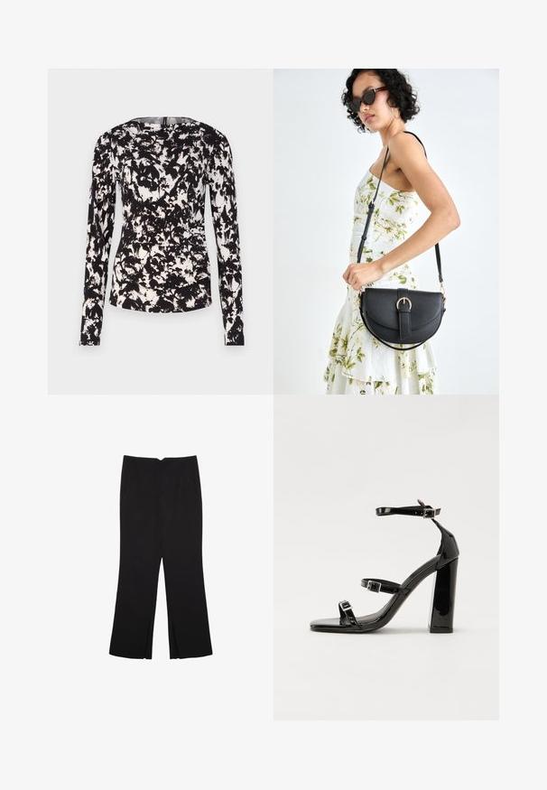 Crna i bijela majica s dugim rukavima s teksturiranim, apstraktnim cvjetnim uzorkom. Ima okrugli izrez i uski kroj.; Crne hlače ravnog kroja, s prednjim džepovima i bočnim prorezima na rubu. Izrađene od mekog i glatkog materijala. Pogodne za razne prigode.; Crne lakirane sandale na pete sa kvadratnim nosom, trakama oko gležnja i srebrnim kopčama. Imaju čvrst blok petu za stabilnost.; Crna kožna torba s lukovitim oblikom, odvojivim remenom i zlatnim detaljima. Torba ima preklop s kopčom.
