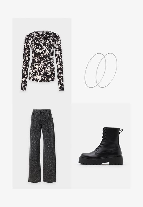 Black and white long-sleeve top with a textured, abstract floral pattern. Features a round neckline and a fitted silhouette.; Noisy May NMJANNEL LOOSE - Relaxed fit jeans - black denim; Black leather ankle boots with a round toe, lace-up front, and a thick rubber sole featuring a textured tread. Pull tab at the back.; Silver hoop earrings with a minimalist design. Circular shape, smooth texture, and thin profile. Lightweight with a polished finish.