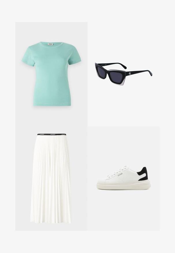 Gai zils ribots īsām piedurknēm T-krekls ar apaļu dekoltē izgriezumu. Izgatavots no mīksta auduma, ar pieguļošu siluetu un minimālu dizainu.; Gari plānas baltas svārku ar melnu elastīgu jostu, uz kuras redzams "LACOSTE" logo. Vidēja garuma dizains ar mīkstu tekstūru.; Baltas ādas sporta apavi ar biezu balto zoli, melna zamša uzpura un izspiestais logotips sānos. Šņorējuma dizains ar sešiem acu caurumiem.; Melni pārmēru saulesbrilles ar ģeometrisku formu, kas aprīkotas ar tumšiem stikliem un kontrastējošu pelēku akcentu uz rāmja. Logo uz kājas.