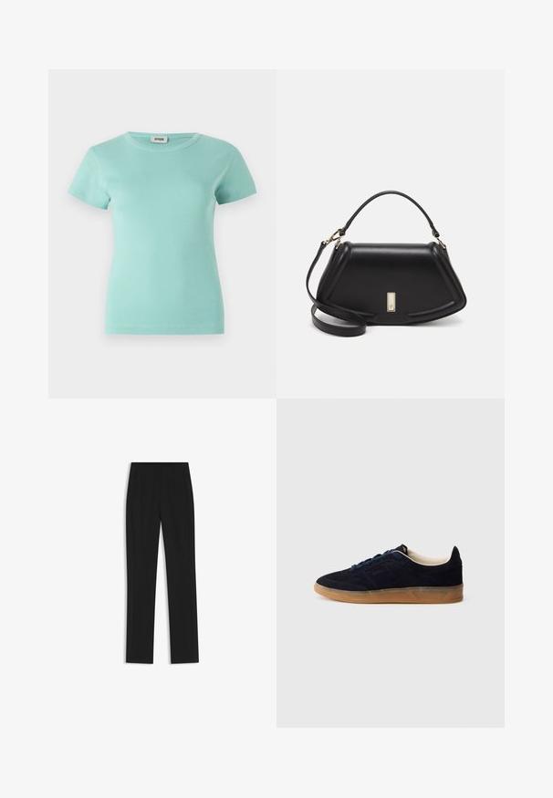 Light blue ribbed short-sleeve t-shirt with a round neckline. Made of soft fabric, featuring a fitted shape and minimal design details.; Black tailored trousers with a straight-leg design, featuring front pockets and a smooth, textured fabric. Neat, minimal detailing.; Navy suede sneaker with a gum rubber sole, blue laces, and minimalist design. Features embossed logo on the side and smooth inner lining.; Black leather handbag with a structured design, featuring a cropped shape, top handle, and gold hardware accent. Adjustable shoulder strap included.