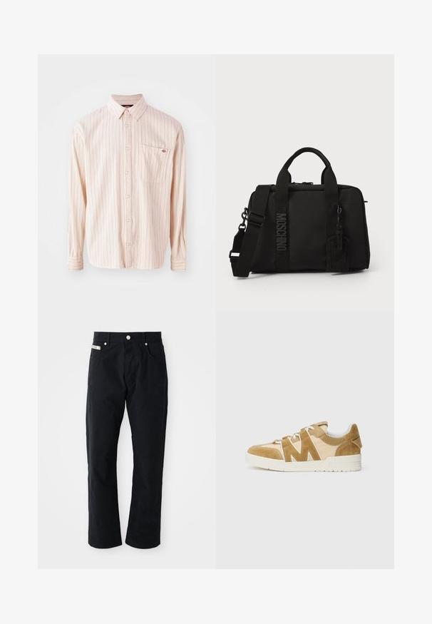 Heledad roosa pikakäisteline särk, millel on õhukesed vertikaalsed punased triibud, nööbid ees, terav krae ja üks rinna tasku.; Mustad puuvillased püksid sirge jala disainiga, viie taskuga, hõbedaste detailidega ja sütitava tekstuuriga viimistlusega.; Beeži ja pruun toss, kus on kombineeritud samet ja võrk, erilise 'M' lõike disainiga, valged paelad ning tekstureeritud kummitald.; Must must kärgkott kahe käepidemega ja eemaldatava õlavarre rihmaga. Omab reljeefset logo ja nahklabelit. Sile tekstuur, ristküliku kujuline.