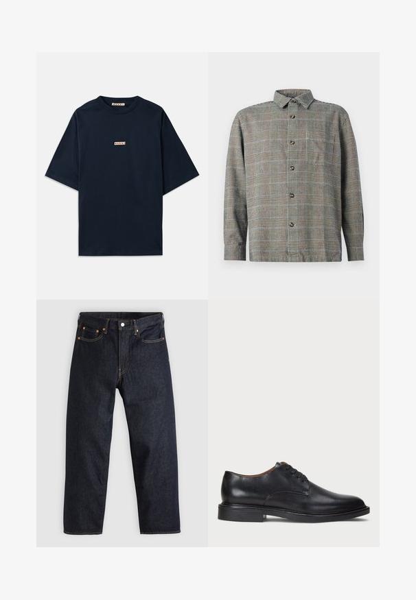 T-paita tummansinisestä puuvillasta, jossa on lyhyet hihat, pyöreä kaula-aukko ja pieni punainen ja valkoinen logopatchi edessä.; Pitkähihaista nappipaitaa vaaleanbeige ja musta ruutukuosi, jossa on kaulus ja rintatasku, yksinkertaisella taustalla.; Tummansinisiä farkkuja, joissa on suora leikkaus, viisi taskua, kontrastiväriset oranssit tikkaukset ja napitus. Ei näkyviä kuvioita tai koristeita.; Musta nahkakenkä, jossa on pyöreä varvas, nauhakiinnitys ja matala tukipohja. Tasainen pinta, jossa on minimaalinen ommeltu yksityiskohta.