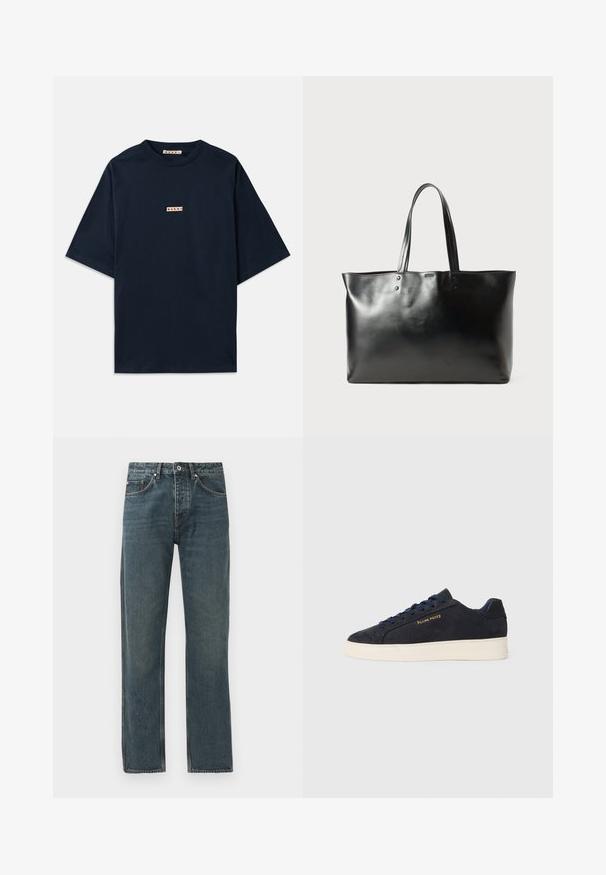 Marineblå t-skjorte laget av bomull, med korte ermer, rund hals og et lite rødt og hvitt logo-patch på forsiden.; Mørkeblå denimjeans med rett ben-design, med fem lommer, knappeåpning og kontrasterende sømdetaljer.; Marineblå ankelhøyde sneakers i semsket skinn med hvit såle, marineblå snøringer, og "Filling Pieces"-logo i gull på siden.; Svart, glatt skinn tote bag med to skulderstropper, rektangulær form og subtil sømdetalj på hvit bakgrunn.
