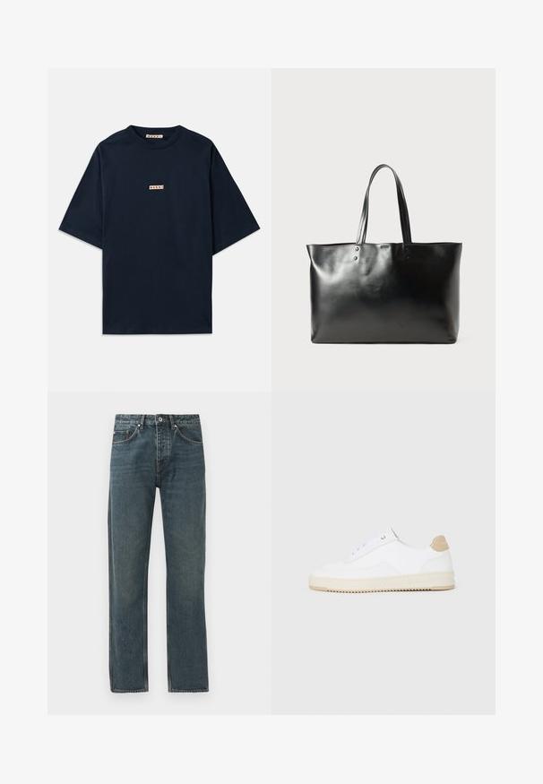 T-shirt azul marinho feito de algodão, com mangas curtas, um decote redondo e um pequeno emblema vermelho e branco na frente.; Calças de ganga azul-escuro com um design de perna reta, apresentando cinco bolsos, um fecho com botão e detalhes de costura em contraste.; Sapatilhas brancas de cano baixo com parte superior em couro texturizado, sola cream estriada e detalhe em tan no calcanhar. Apresenta atacadores brancos e detalhe do logótipo no calcanhar.; Bolsa tote de couro preto liso com duas alças de ombro, forma retangular e detalhes de costura sutis sobre um fundo branco.