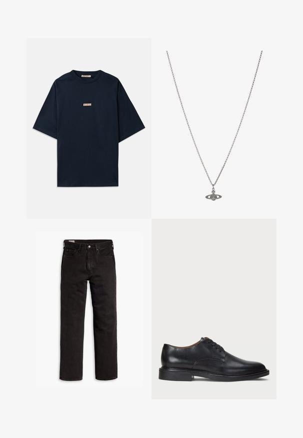 Marineblauwe T-shirt gemaakt van katoen, met korte mouwen, een ronde halslijn en een klein rood en wit logopatch aan de voorkant.; Zwarte recht gesneden denim jeans met vijf zakken, knoopsluiting en riemlussen, plat gelegd op een witte achtergrond.; Zwart leren dresschoen met een ronde neus, vetersluiting en een lage gestapelde hak. Gladde textuur met minimale stiksels.; Zilveren ketting met een gedetailleerde hanger in de vorm van een planeet, versierd met kleine accenten en verfijnde patronen.
