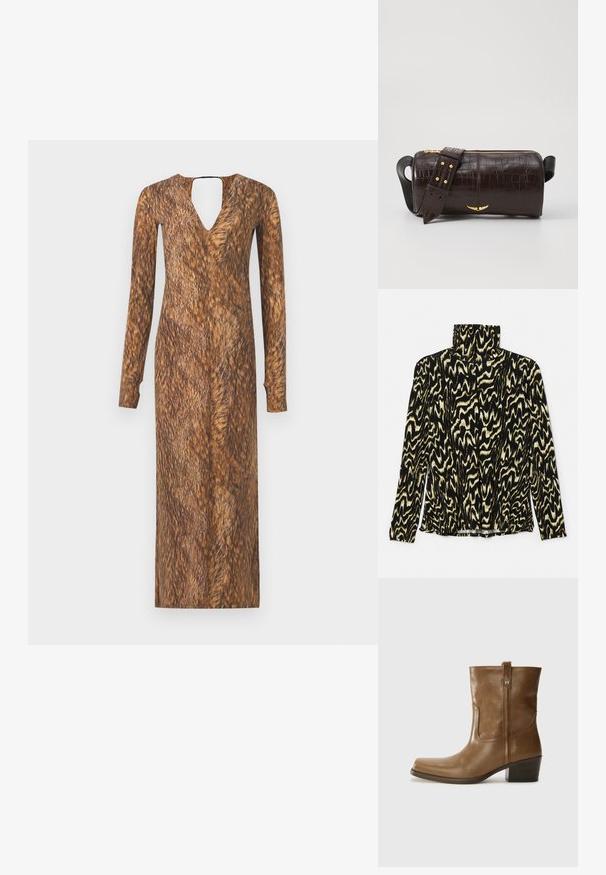 Černý a krémový vzorovaný top s dlouhým rukávem a vysokým límcem, vyrobený z hladkého, elastického materiálu s vlnitým, abstraktním designem.; Šaty s dlouhým rukávem, výstřihem do V a klíčovou dírkou na zádech, s hnědou texturou a vzorem připomínajícím kožešinu po celé látce.; Hnědé kožené kotníkové boty se čtveratou špičkou, texturovaným povrchem a nízkým zvýšeným podpatkem. Mají zadní poutko na obouvání a jemné prošívání.; Hnědá kabelka z krokodýlí kůže s embosováním, cylindrického tvaru, se zlacenými kovovými prvky a odnímatelným popruhem se hroty.