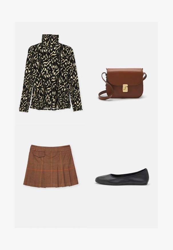 Schwarzes und cremefarbenes, gemustertes Langarmoberteil mit hohem Kragen, aus einem glatten, dehnbaren Stoff gefertigt, der ein gewelltes, abstraktes Design aufweist.; Brauner karierter Rock mit einem plissierten Design, orangefarbenen Akzenten und einer seitlichen Tasche. Hergestellt aus strukturiertem Material mit einem taillierten Bund.; Schwarze Leder-Ballettschuhe mit abgerundeter Spitze, glatter Textur, minimalen Nähdetails und einem flexiblen Sohlen-Design.; Braune Ledertasche mit Klappenverschluss, Beschlägen in Goldfarbe, einem Schultergurt und einer glatten Oberfläche. Kompakte rechteckige Form.