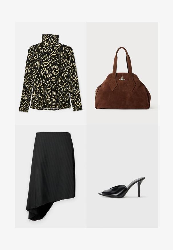 Schwarzes und cremefarbenes, gemustertes Langarmoberteil mit hohem Kragen, aus einem glatten, dehnbaren Stoff gefertigt, der ein gewelltes, abstraktes Design aufweist.; Schwarzer, gestreifter Rock mit asymmetrischem Saum, der rohen Kanten aufweist. Aus leichtem Stoff mit glatter Textur gefertigt.; Schwarze Leder-High-Heels mit offener Zehenpartie, spitzem Design, glatter Textur und schmalem Stiletto-Absatz.; Braune Wildleder-Handtasche mit strukturiertem Design, abgerundeter Form und länglichen, diamantförmigen Griffen. Mit einem silbernen Metallverschluss ausgestattet.