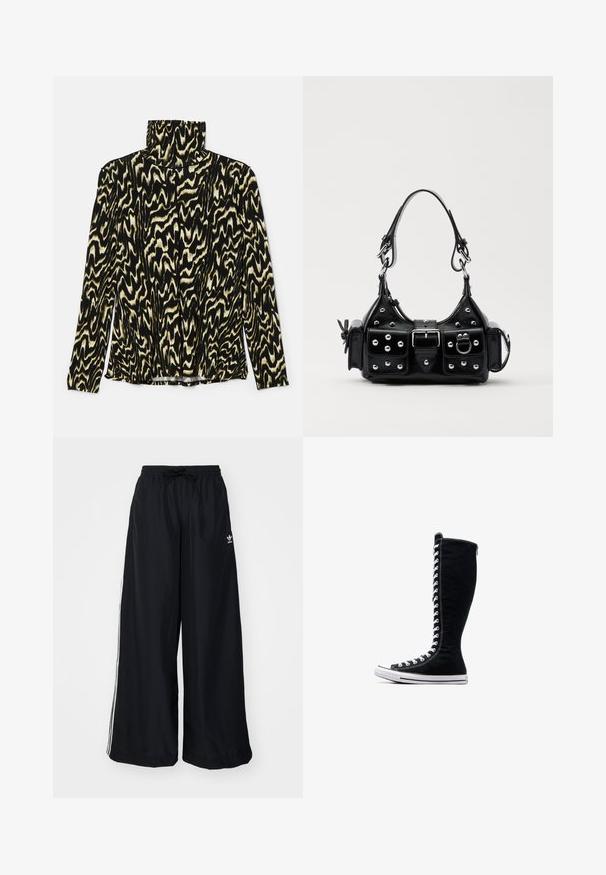 Sort og creme mønstret langærmet bluse med høj krave, lavet af et glat, strækbart stof med et bølget, abstrakt design.; Sorte vide bukser lavet af letvægtsstof. Har en elastisk talje med snøre og hvide sidelister. Brandlogo på hoften.; Sorte høje sneakers med et højt design, lavet af kanvas. Har hvide snørebånd, syninger og en gummisål med en tåhætte.; Sort læderhåndtaske med et buet design, prydet med sølvfarvede nitter, en spænde og to sidelommer. Justerbar rem til forskellige bære muligheder.