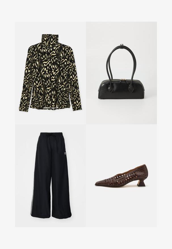 Sort og creme mønstret langærmet bluse med høj krave, lavet af et glat, strækbart stof med et bølget, abstrakt design.; Sorte vide bukser lavet af letvægtsstof. Har en elastisk talje med snøre og hvide sidelister. Brandlogo på hoften.; Brune vævet læderpumpe med spidse tær, åbent skæringsdesign, lav skulptureret hæl og glat indvendig foring.; Sort læder håndtaske med to langstrakte håndtag, lynlåslukning og afrundet form; glat tekstur med en subtil blank finish.