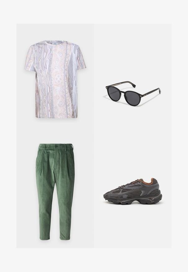 Short-sleeve t-shirt with a textured pattern in soft beige and gray hues, featuring a round neckline and a relaxed fit.; Green corduroy trousers with a regular fit, featuring pleats, an elastic waistband, and a single button closure. Smooth, textured fabric.; Lacoste sneakers in dark gray with mesh and synthetic material, featuring a textured sole and brown accents on the collar and branding.; BOSS Sunglasses - black