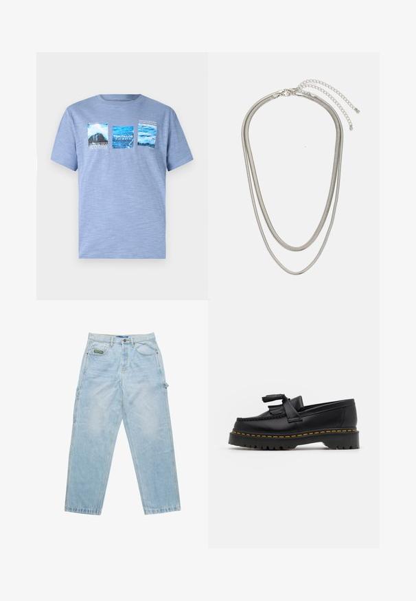 Camiseta de mangas cortas azul claro hecha de tela suave, con tres impresiones gráficas que representan agua y paisajes con detalles de texto.; Jeans de denim azul claro con un corte holgado, diseño de cinco bolsillos y costuras visibles. Presenta una etiqueta de la marca en el bolsillo frontal.; Mocasín de cuero negro con un acento de borlas, que presenta una suela gruesa negra y costuras amarillas a lo largo del borde. Acabado texturizado.; Collar de metal plateado de tres capas que presenta cadenas flexibles y elegantes con un ligero brillo, asegurado con un cierre de langosta y cadena ajustable.