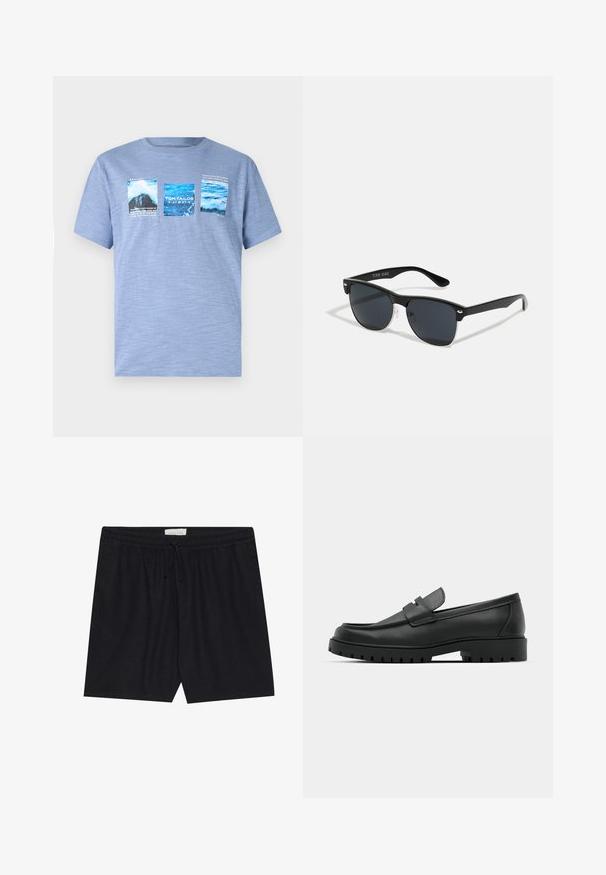 Light blue short-sleeve t-shirt made of soft fabric, featuring three graphic prints depicting water and landscapes with text details.; Black, elastic waist shorts with a drawstring, featuring a smooth texture and straight cut, suitable for casual wear.; Black leather loafers with a rounded toe, featuring a stitched design, low platform sole, and a textured, lugged rubber outsole.; Black sunglasses with a rectangular shape, dark lenses, silver accents at the temples, and a matte finish on the frame.
