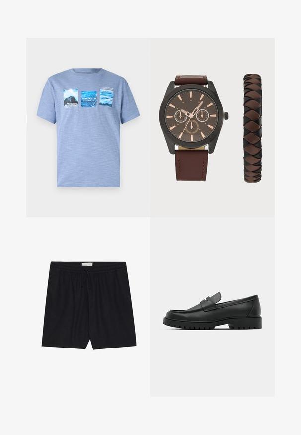 Svetlomodré tričko s krátkymi rukávmi vyrobené z mäkkej látky, s tromi grafickými potlačami znázorňujúcimi vodu a krajinky s textovými detailmi.; Čierne šortky s elastickým pásom a šnúrkou, s hladkým povrchom a rovnou siluetou, vhodné na bežné nosenie.; Čierne kožené mokasíny s okrúhlou špičkou, s prešitým dizajnom, nízkou platformou a textúrovanou, zúbkovanou gumovou podrážkou.; Pier One SET - Hodinky - black/brown