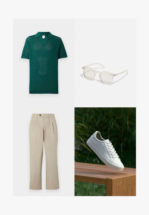 Žalias megztas polo marškinėliai su tekstūruotu atviru audiniu, trumpomis rankovėmis ir klasikiniais apykaklėmis. Pasižymi V formos iškirpte ir raštuota apatine dalimi.; Šviesiai rudos kelnės su laisvu kirpimu, su klostėmis, mygtukų uždarymu, šoninėmis kišenėmis ir tiesiomis kojomis. Glotnus audinio paviršius.; Baltos raištelinės sportbačiai, pakabinti virš medinės suolo su žaliais lapais fone, parodantys batų dizainą ir tekstūrą.; Apvalūs akiniai nuo saulės su skaidriu rėmu, šviesiai žaliais lęšiais ir plonomis skaidriomis kojelėmis. Rėmas turi subtilius metalinius akcentus.